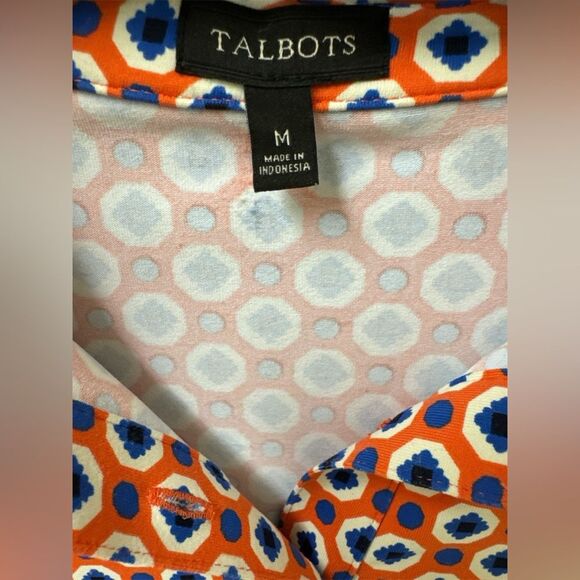 TALBOTS Women’s Tunic Button Up 3/4 Sleeves Orange Blue Multi Geo Print Medium - Picture 3 of 6